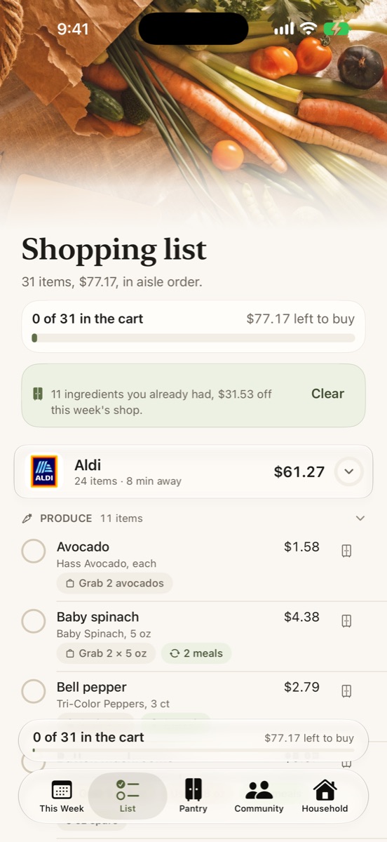 Shopping list grouped by store and ordered by aisle