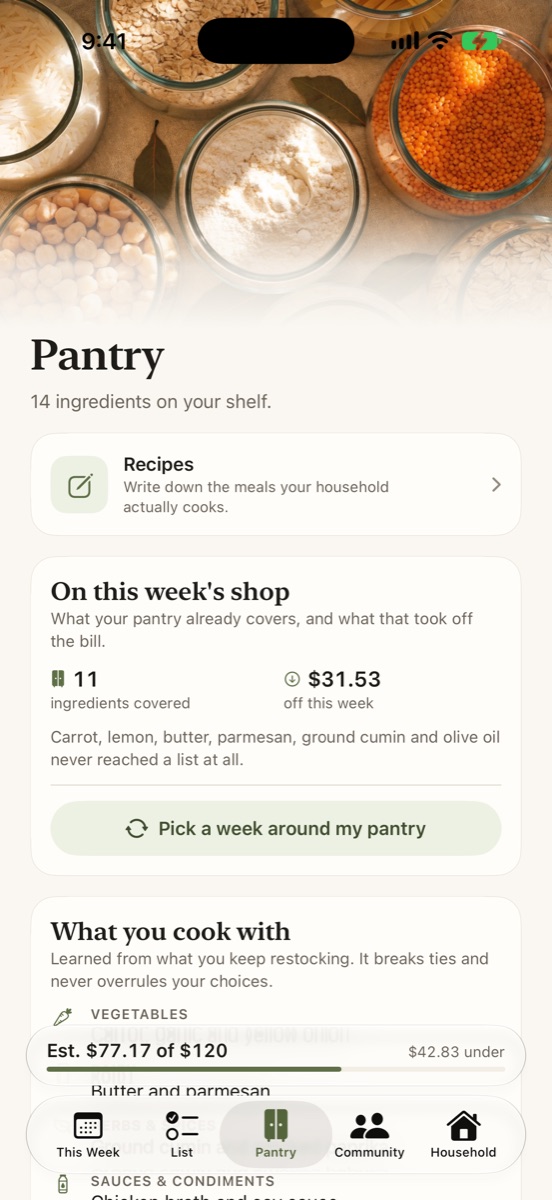 Pantry: what you already have comes off the bill
