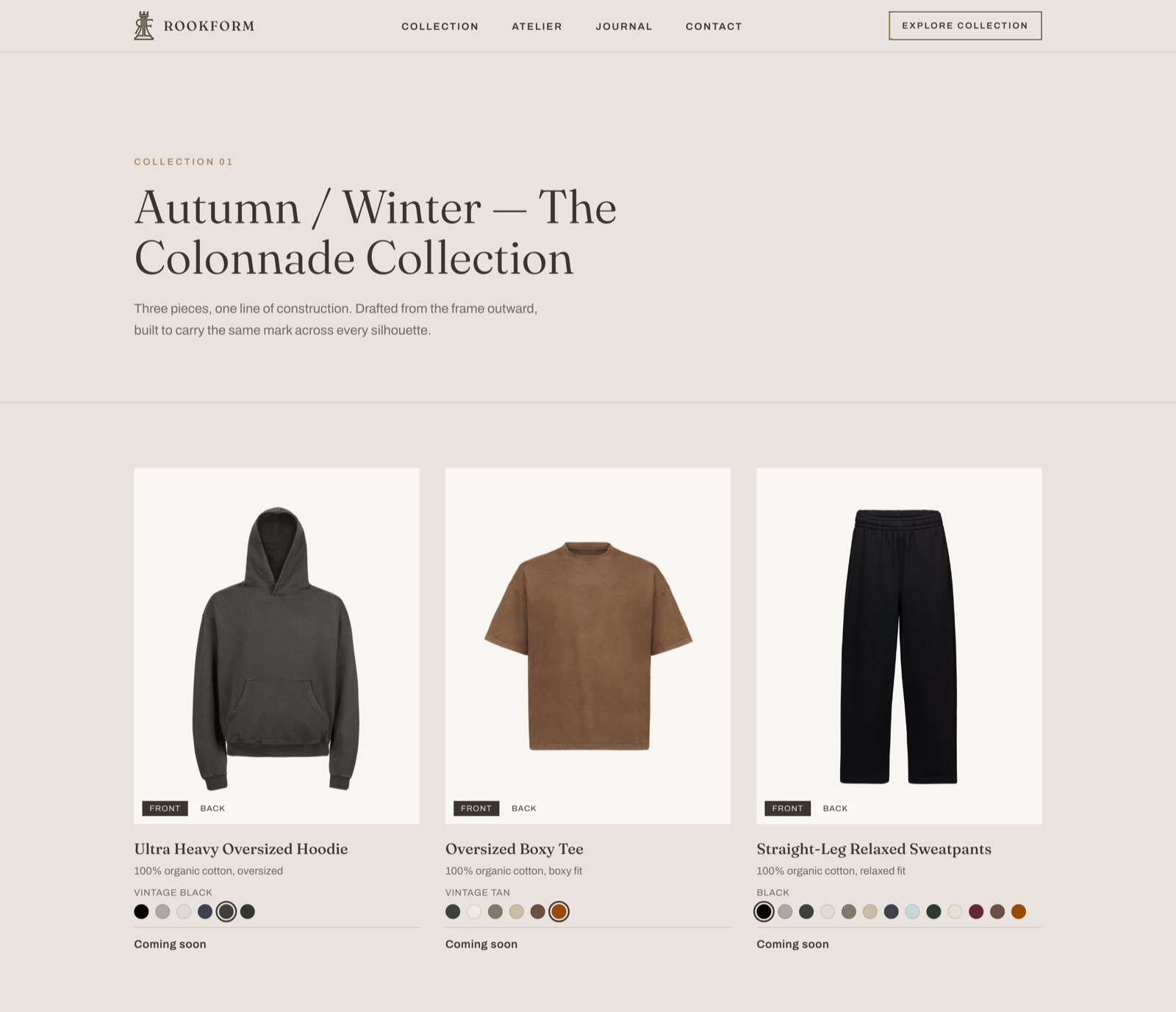 rookform.com collection page: Autumn/Winter, the Colonnade Collection